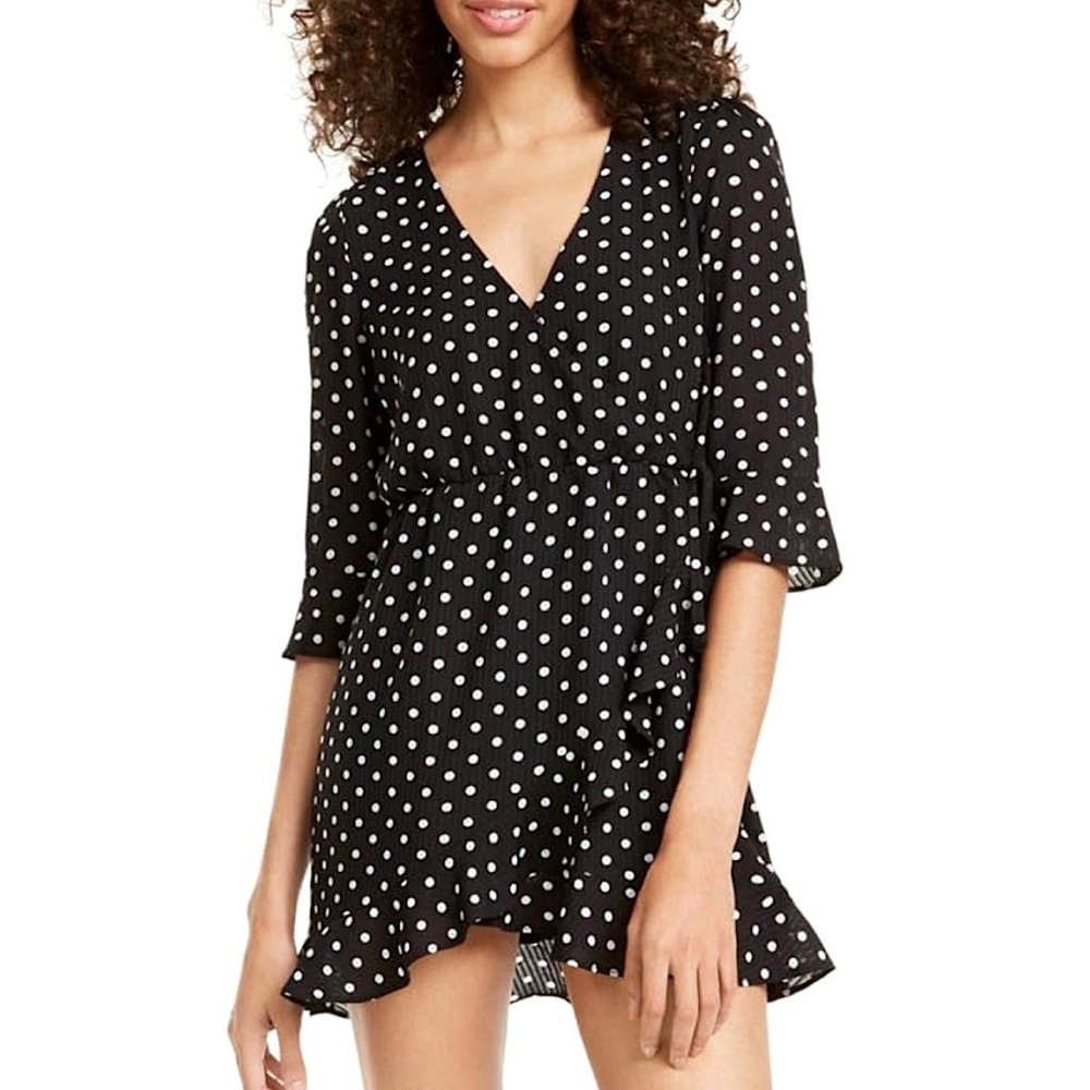 Q & A LA Black + White Polka Dot-Print Surplice Faux-Wrap Mini Dress — NWT — XL